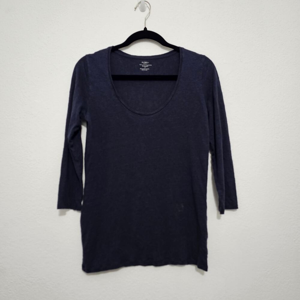 Majestic Paris Linen Blend Top Navy Blue Mid Sleeve Scoop Neckline Women Medium